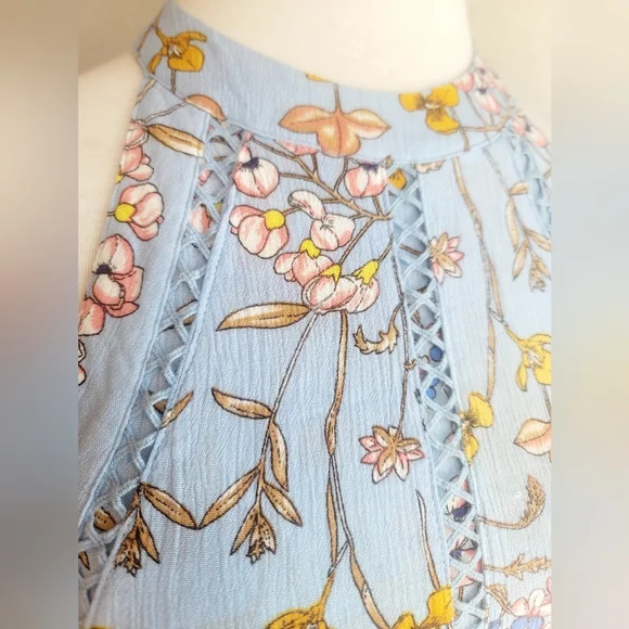 ABEL THE LABEL BLUE FLORAL FIT & FLARE JAASE BACKLESS HALTER MINI DRESS SZ SMALL - Picture 9 of 16